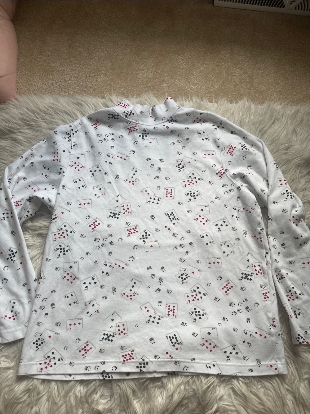 croft & barrow White Long Sleeve Top with Red and Black Playing Card Print